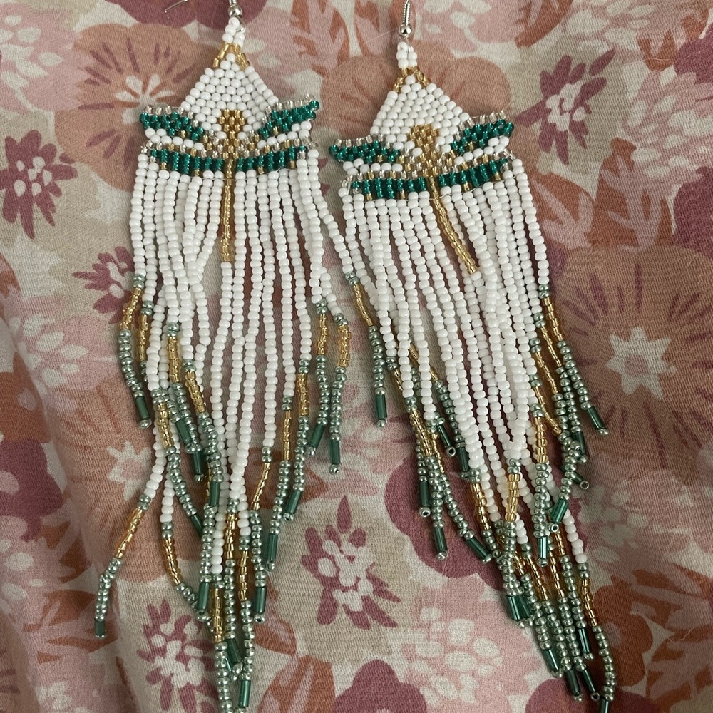 Chic Beaded Earrings with Gold and Green Highlights